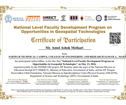 Mr. Amol Ashok Metkari completed national level FDP on RC Design Opporunities in Geospatial Technologies