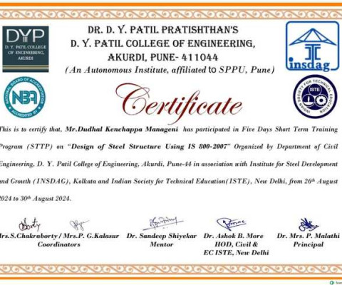 Mr. Kenchappa Manageni Dudhal completed training program on Design of Steel