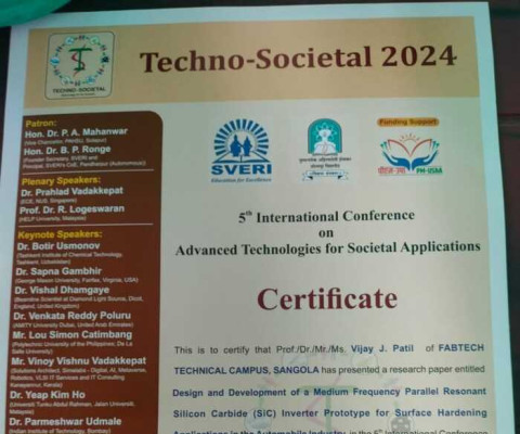 Certificate to Prof. Vijay J. Patil for presenting a research paper