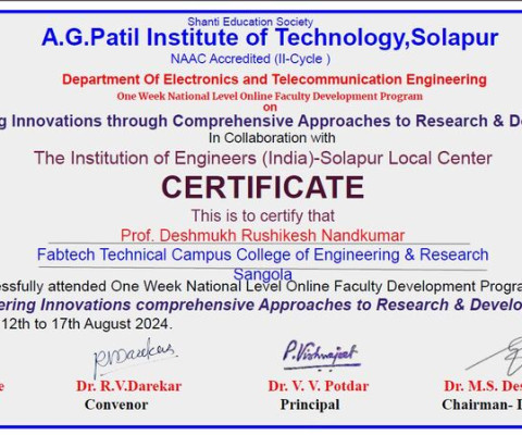 Certificate of Participation in One Week FDP  on “Empowering Innovations comprehensive Approaches to Research & Development, from 12th to 17th August 2024