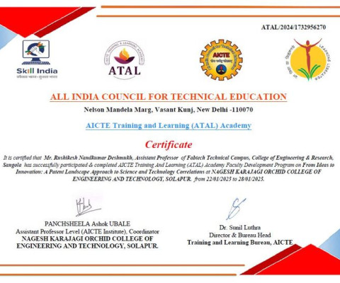 Certificate of FDP Completion on “Ideas to Innovation” By ATAL 