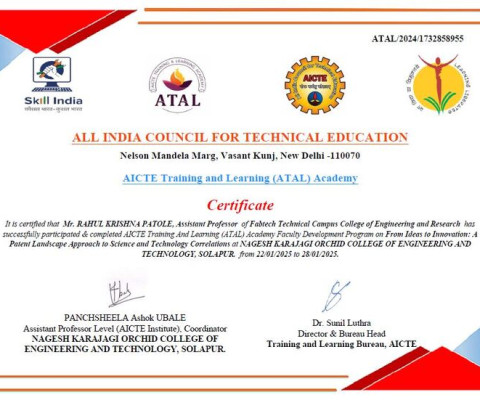 Certificate of FDP Completion on “Ideas to Innovation”  By ATAL