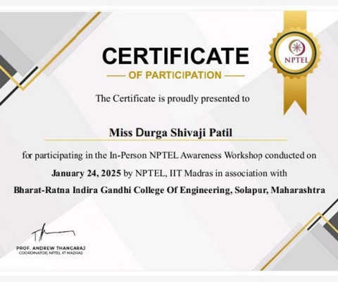 Certificate of Participation in NPTEL Awareness Workshop January 24,2025