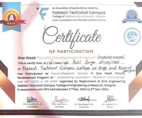 Certificate of Participation in one week FDP on “Empowering Innovations: Research Methodology and IPR” 